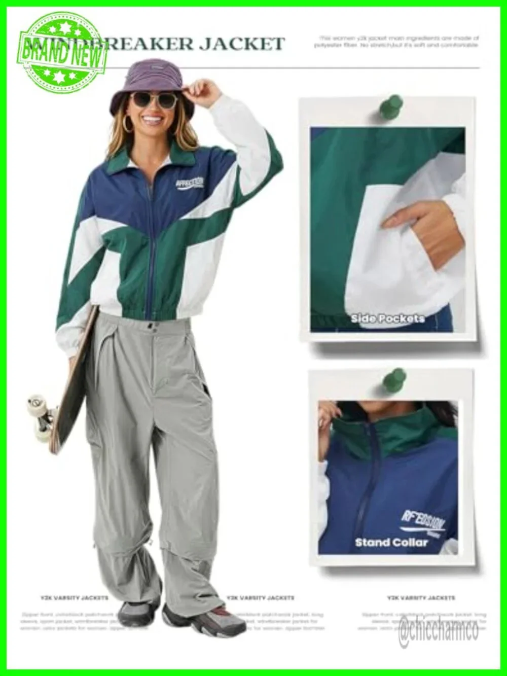Women's Oversized Windbreaker Jacket Y2K Colorblock Varsity Zip Up Long Sleeve